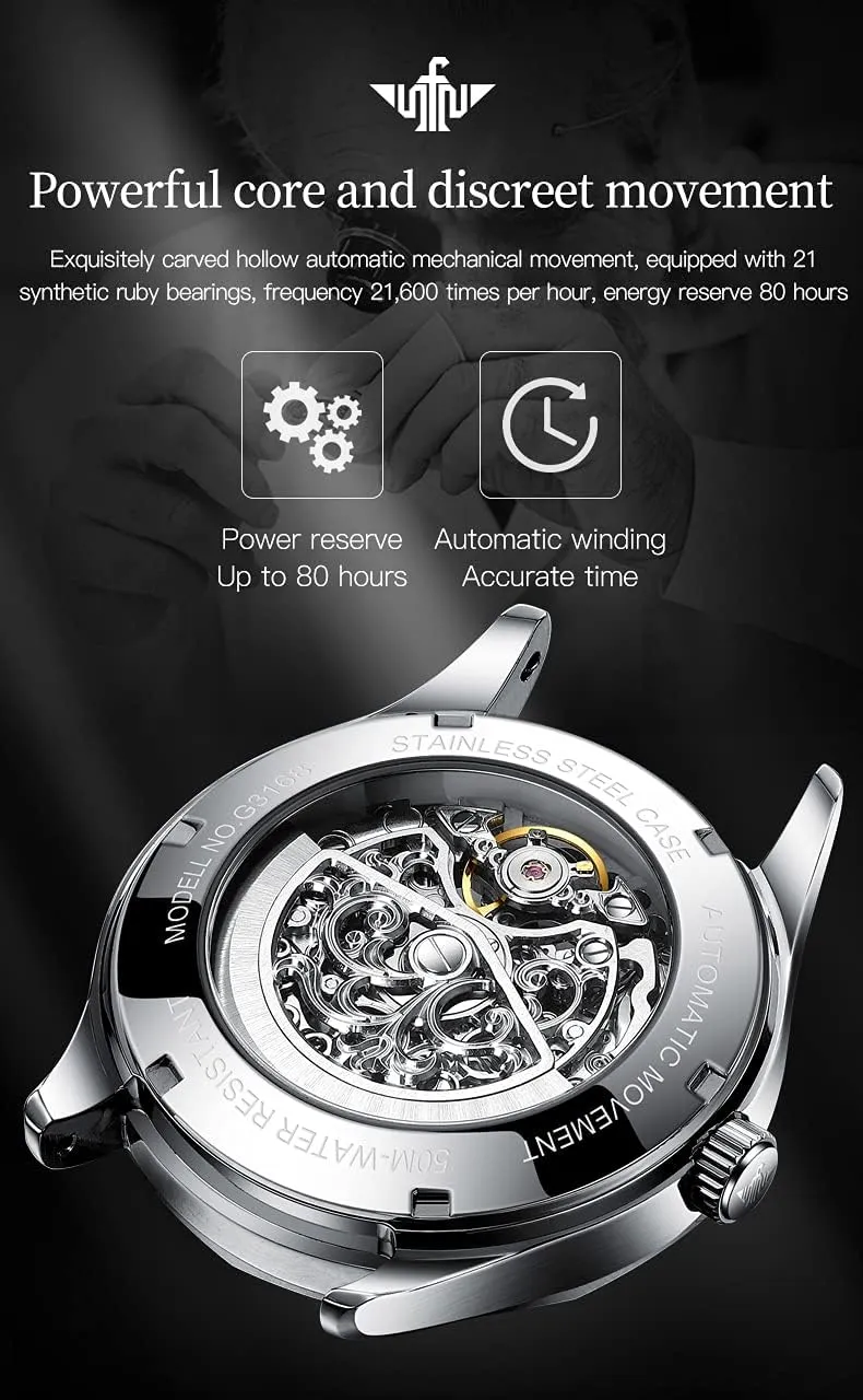 OUPINKE Men's Skeleton Mechanical Watches Luxury Dress Automatic Self Winding Sapphire Crystal Waterproof Tungsten Steel Band Wrist Watches