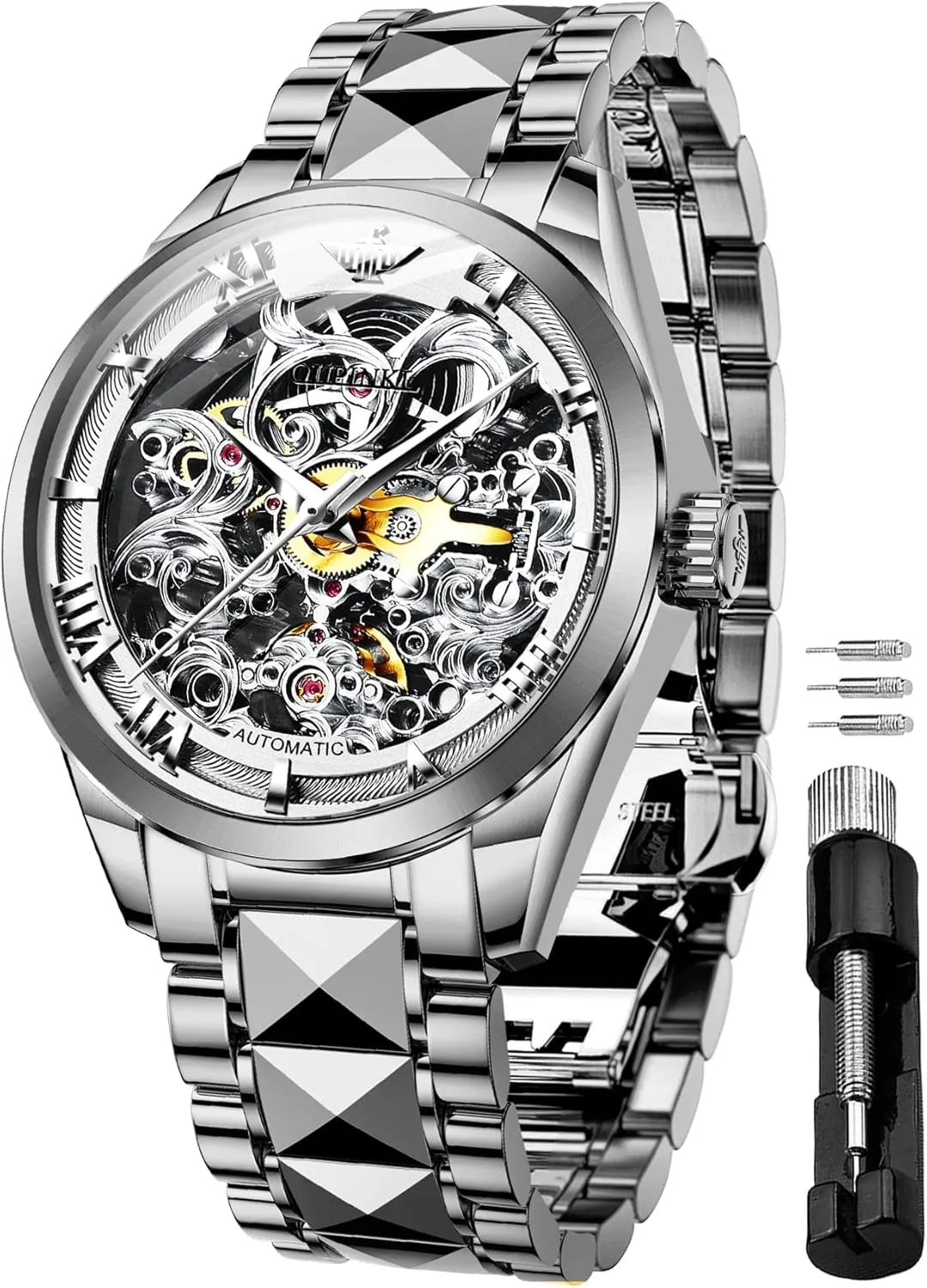 OUPINKE Men's Skeleton Mechanical Watches Luxury Dress Automatic Self Winding Sapphire Crystal Waterproof Tungsten Steel Band Wrist Watches
