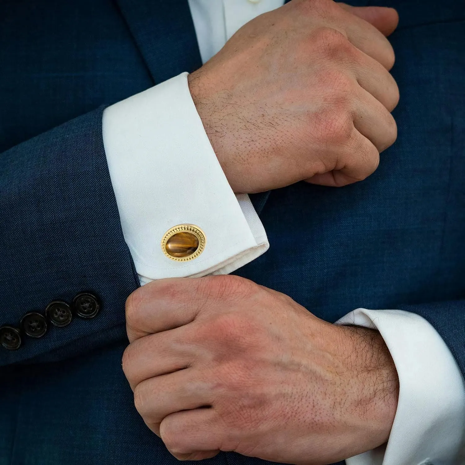 Oval Natural Polished Tigers Eye Gemstone Cufflinks for Men Silver/14K Gold Plated Crystal Men's Cufflinks Jewelry for Wedding Anniversary Business Party Tuxedo Dress