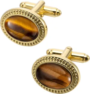 Oval Natural Polished Tigers Eye Gemstone Cufflinks for Men Silver/14K Gold Plated Crystal Men's Cufflinks Jewelry for Wedding Anniversary Business Party Tuxedo Dress