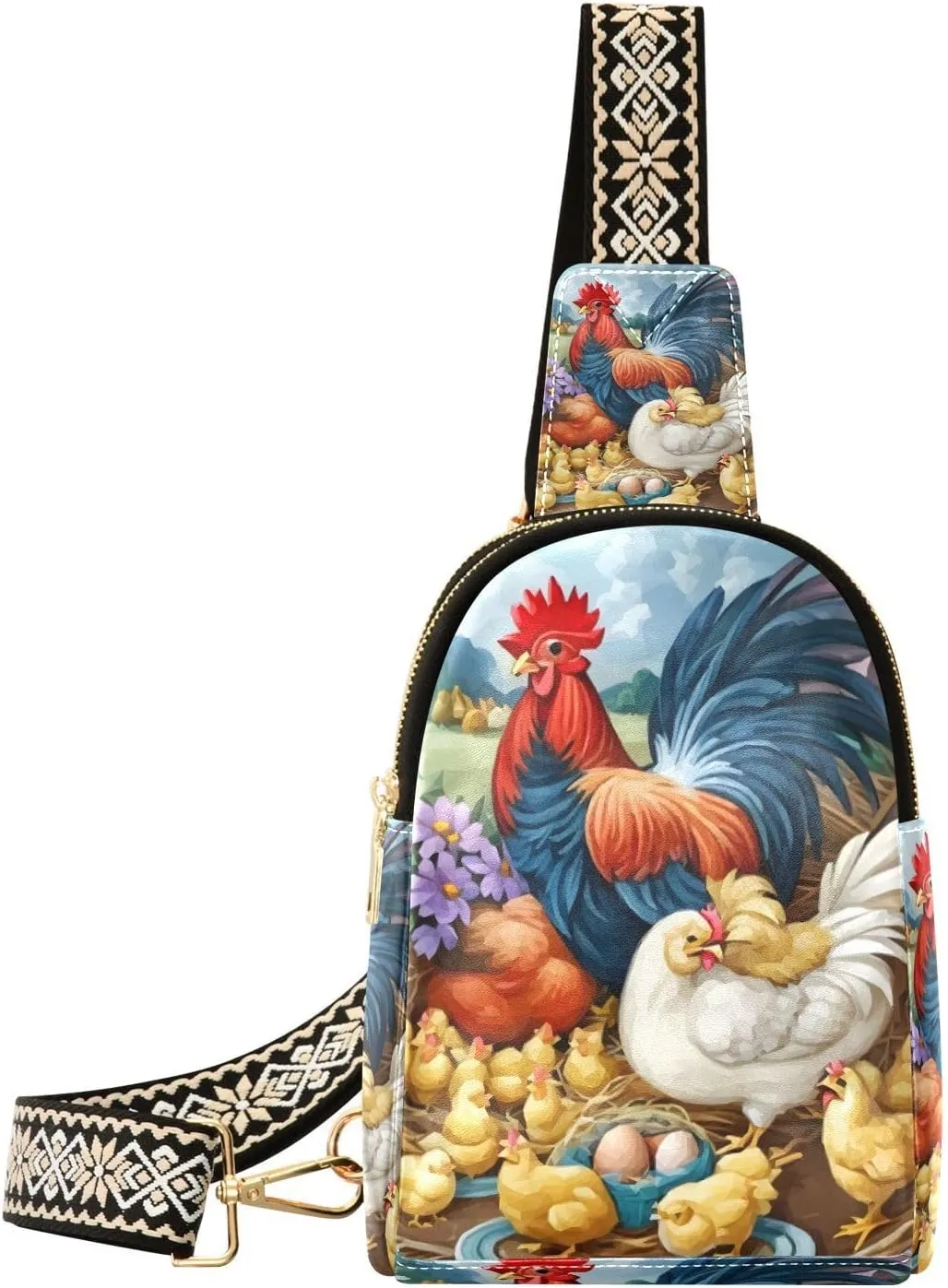 Painting Chickens Rooster Fanny Pack Crossbody PC Leather Small Sling Bag for Women Thanksgiving Fashion Waist Packs Chest Bag for Travel Sports Running Hiking