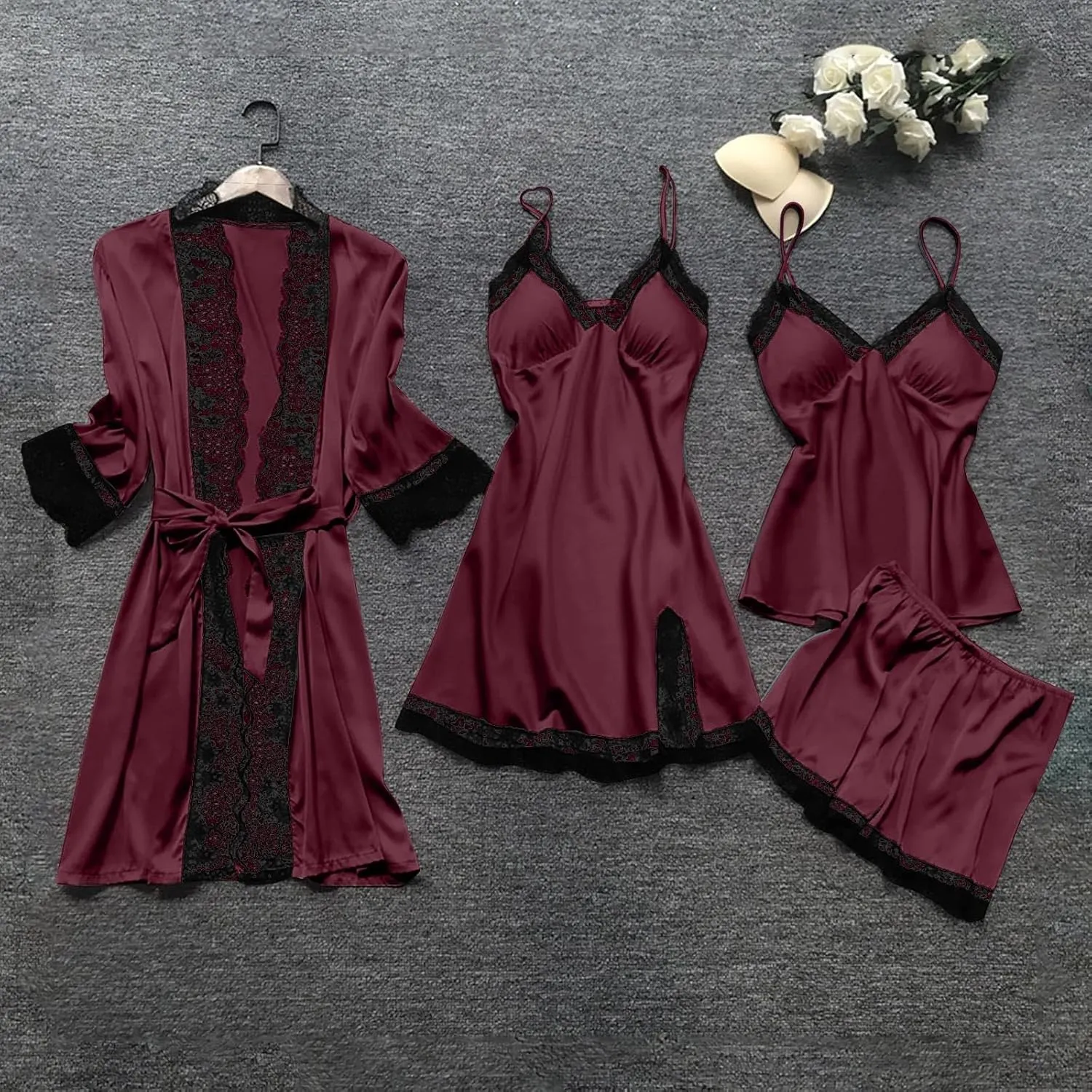 Pajamas for Women Silk Pajama Set 4pcs Robe Lingerie Satin Sleepwear Nightdress Lace Nightgown Sexy Set