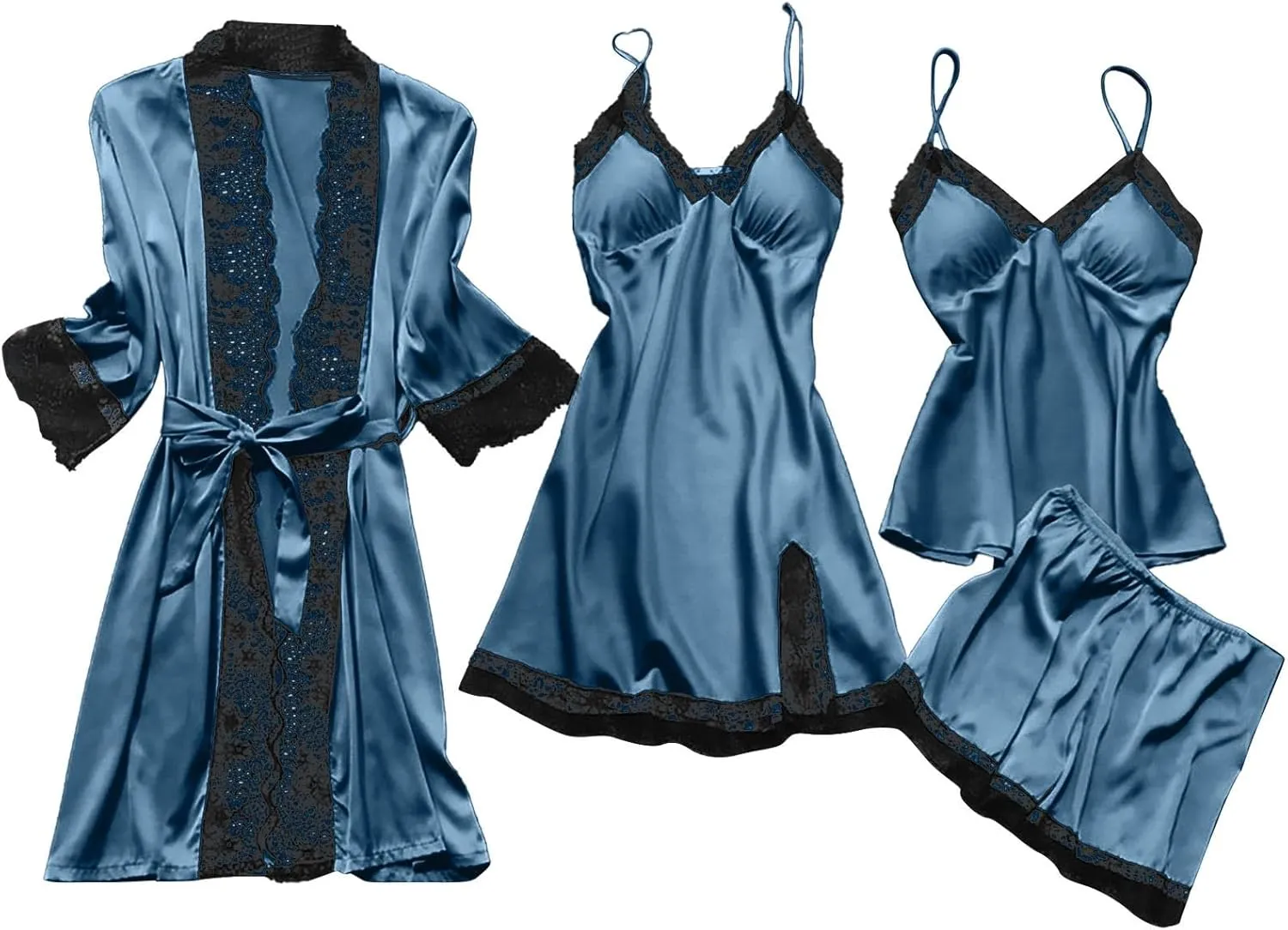 Pajamas for Women Silk Pajama Set 4pcs Robe Lingerie Satin Sleepwear Nightdress Lace Nightgown Sexy Set