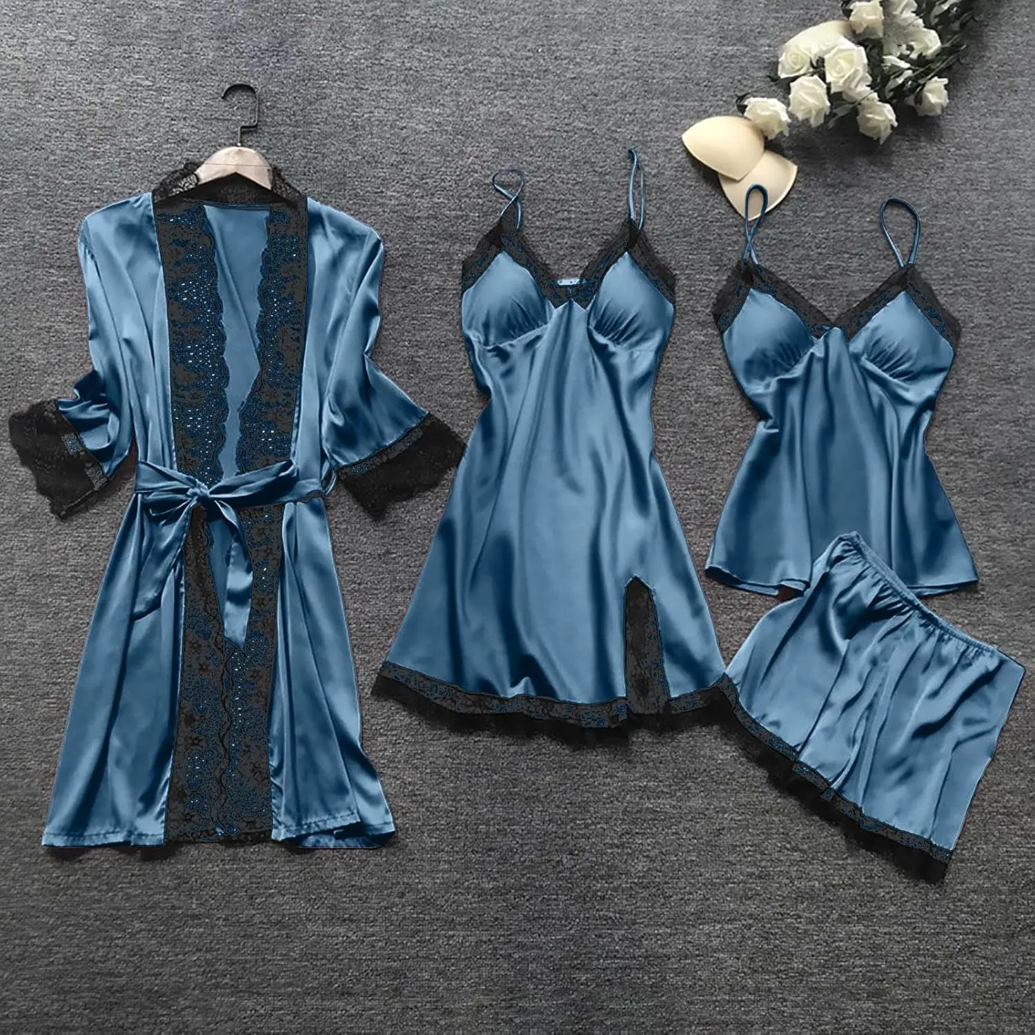 Pajamas for Women Silk Pajama Set 4pcs Robe Lingerie Satin Sleepwear Nightdress Lace Nightgown Sexy Set
