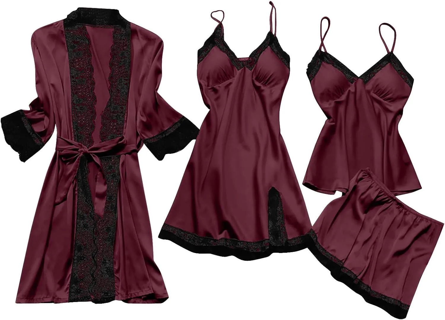 Pajamas for Women Silk Pajama Set 4pcs Robe Lingerie Satin Sleepwear Nightdress Lace Nightgown Sexy Set