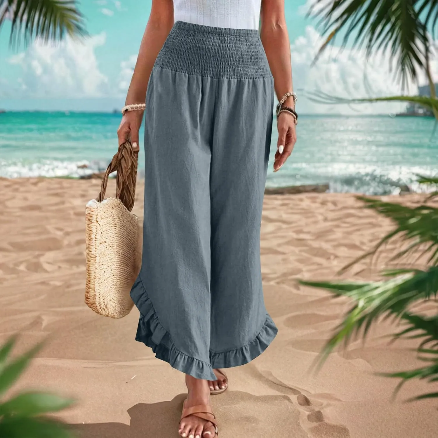 Palazzo Pants for Women Summer Linen Smocked Waist Wide Leg Pant Boho Flowy Ruffle Hem Casual Beach Vacation Trousers