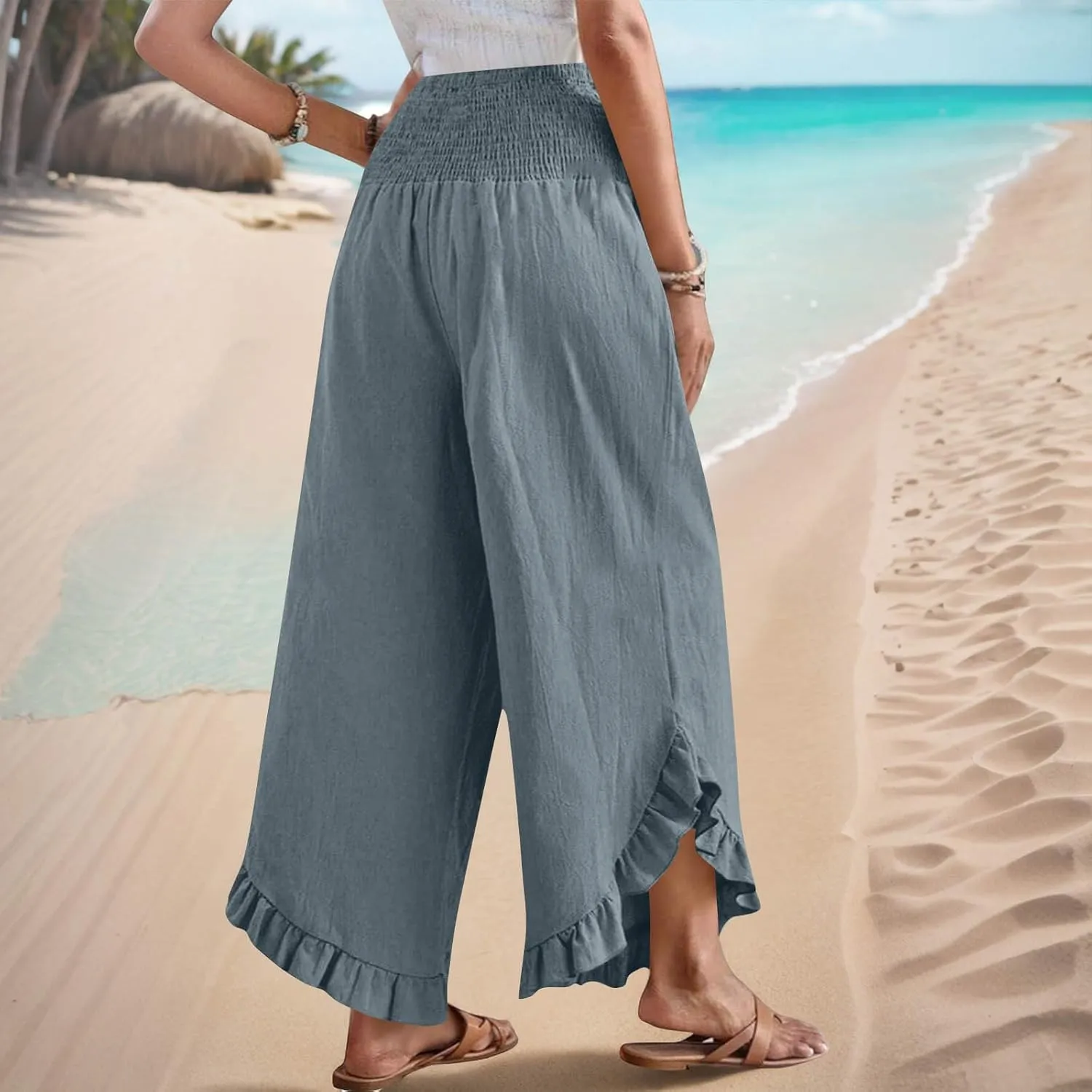 Palazzo Pants for Women Summer Linen Smocked Waist Wide Leg Pant Boho Flowy Ruffle Hem Casual Beach Vacation Trousers