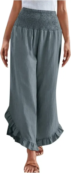 Palazzo Pants for Women Summer Linen Smocked Waist Wide Leg Pant Boho Flowy Ruffle Hem Casual Beach Vacation Trousers