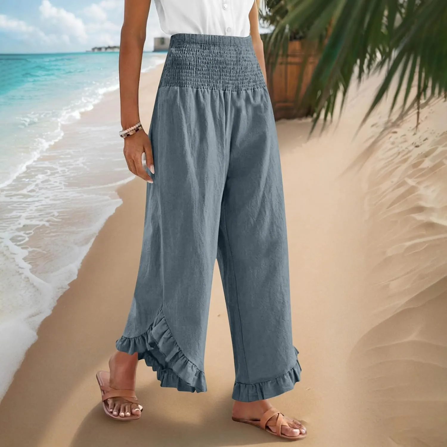 Palazzo Pants for Women Summer Linen Smocked Waist Wide Leg Pant Boho Flowy Ruffle Hem Casual Beach Vacation Trousers