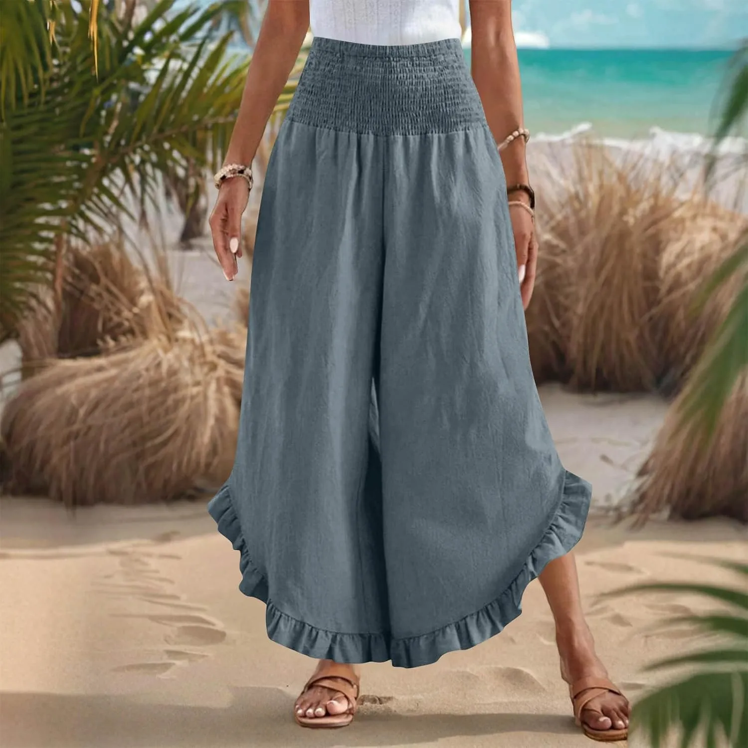 Palazzo Pants for Women Summer Linen Smocked Waist Wide Leg Pant Boho Flowy Ruffle Hem Casual Beach Vacation Trousers