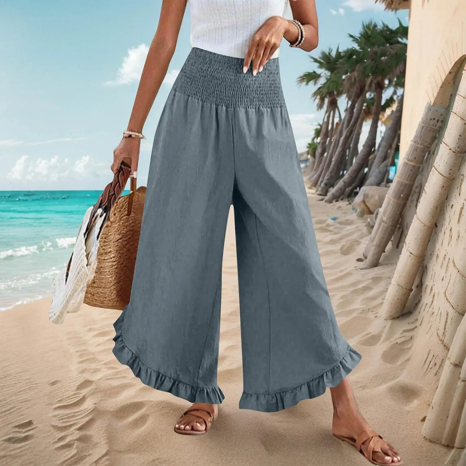 Palazzo Pants for Women Summer Linen Smocked Waist Wide Leg Pant Boho Flowy Ruffle Hem Casual Beach Vacation Trousers