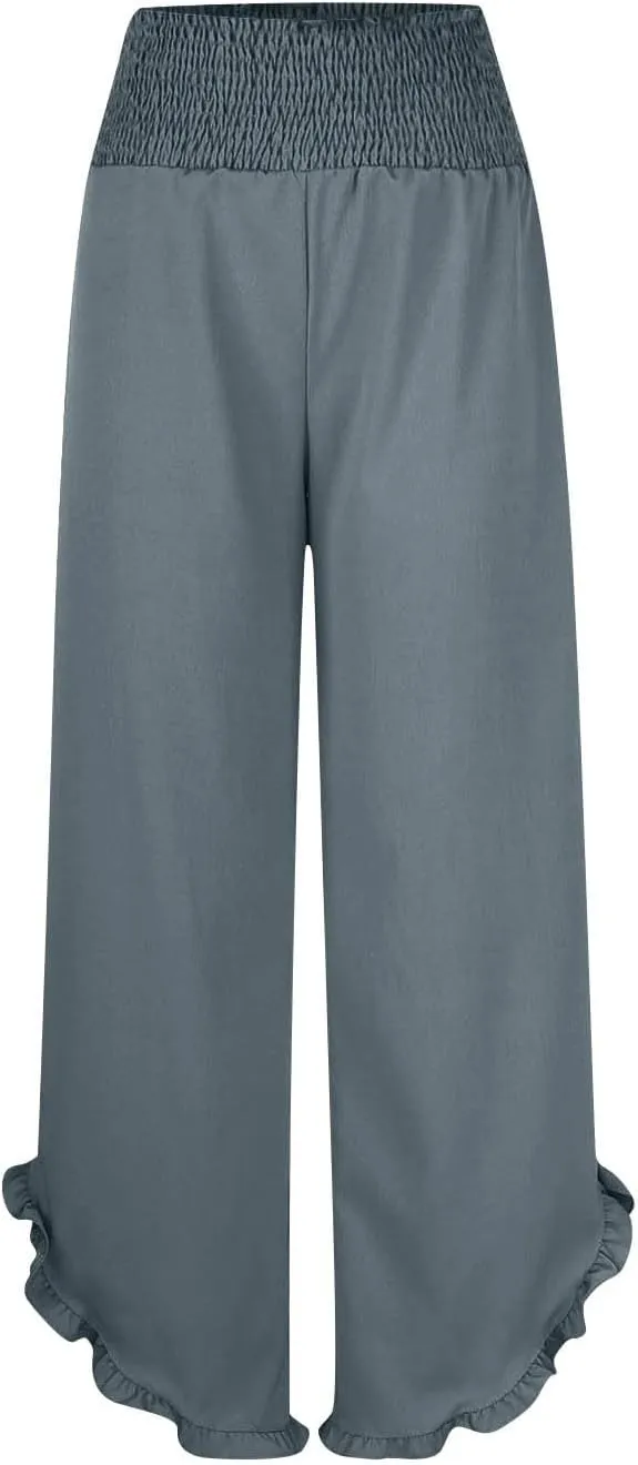 Palazzo Pants for Women Summer Linen Smocked Waist Wide Leg Pant Boho Flowy Ruffle Hem Casual Beach Vacation Trousers