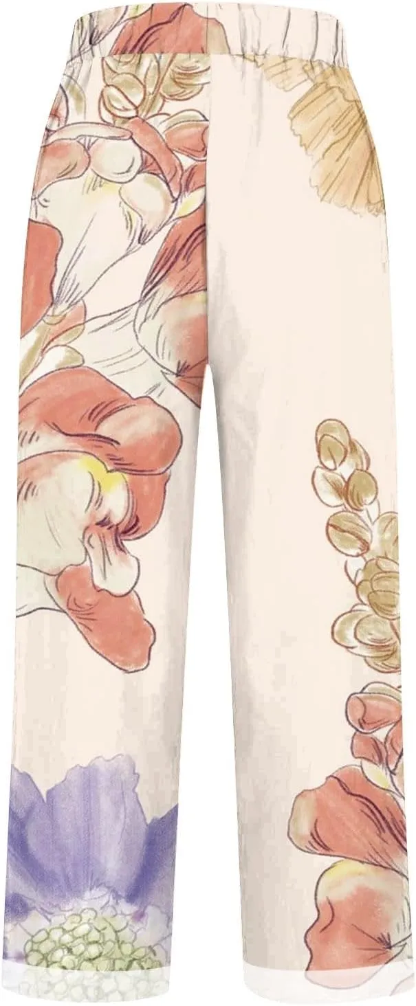 Palazzo Pants Women High Waist Wide Leg Printed Linen Pants Plus Size Summer Beach Trousers Flowy Comfy Lounge Pants