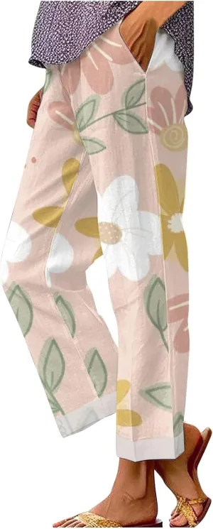 Palazzo Pants Women High Waist Wide Leg Printed Linen Pants Plus Size Summer Beach Trousers Flowy Comfy Lounge Pants