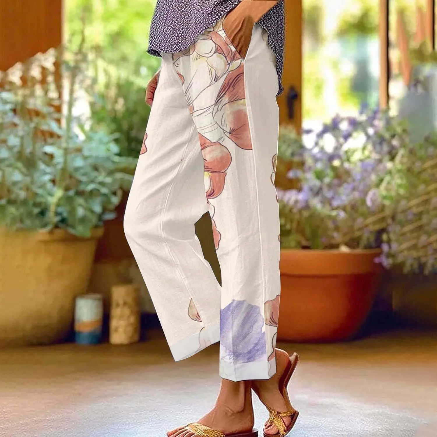 Palazzo Pants Women High Waist Wide Leg Printed Linen Pants Plus Size Summer Beach Trousers Flowy Comfy Lounge Pants