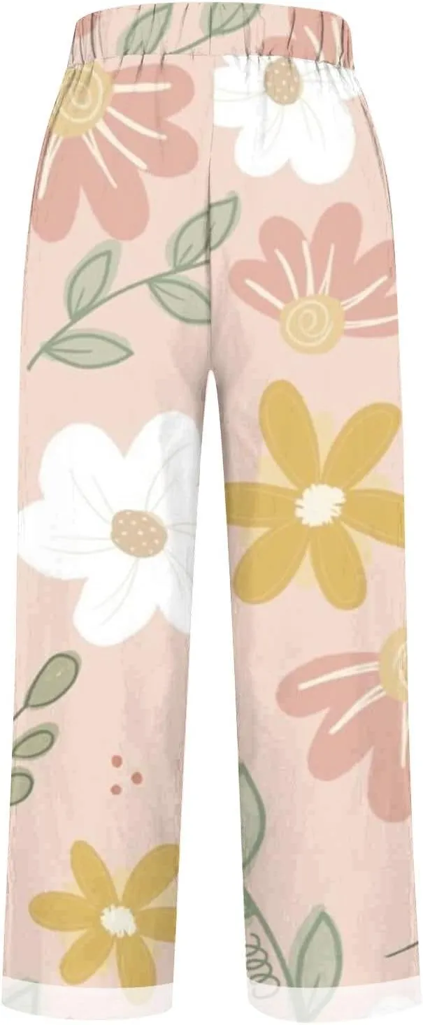 Palazzo Pants Women High Waist Wide Leg Printed Linen Pants Plus Size Summer Beach Trousers Flowy Comfy Lounge Pants