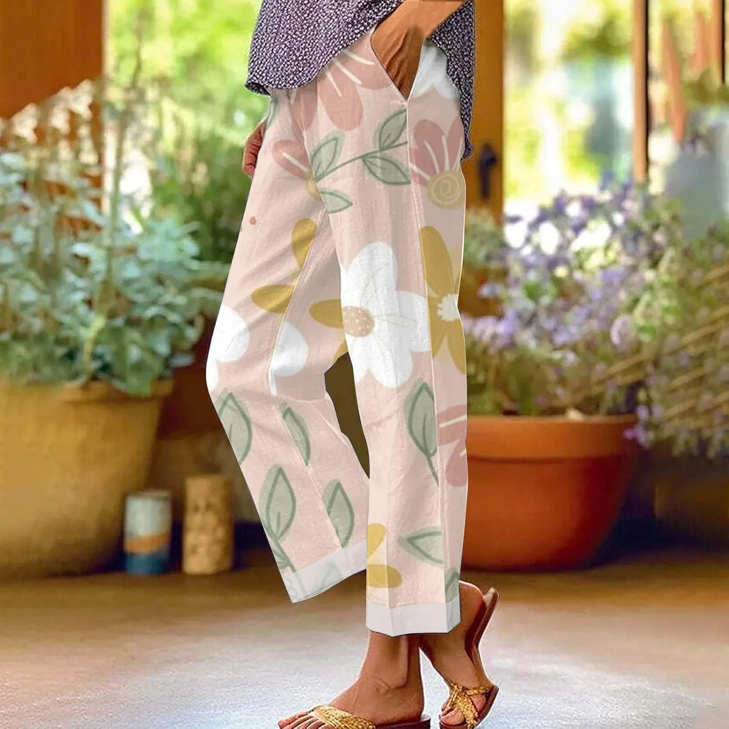 Palazzo Pants Women High Waist Wide Leg Printed Linen Pants Plus Size Summer Beach Trousers Flowy Comfy Lounge Pants