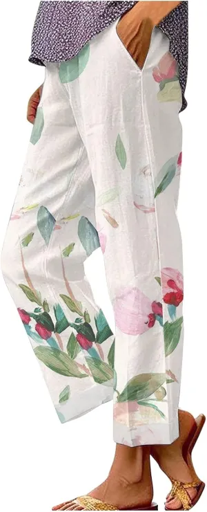 Palazzo Pants Women High Waist Wide Leg Printed Linen Pants Plus Size Summer Beach Trousers Flowy Comfy Lounge Pants