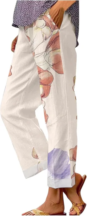 Palazzo Pants Women High Waist Wide Leg Printed Linen Pants Plus Size Summer Beach Trousers Flowy Comfy Lounge Pants