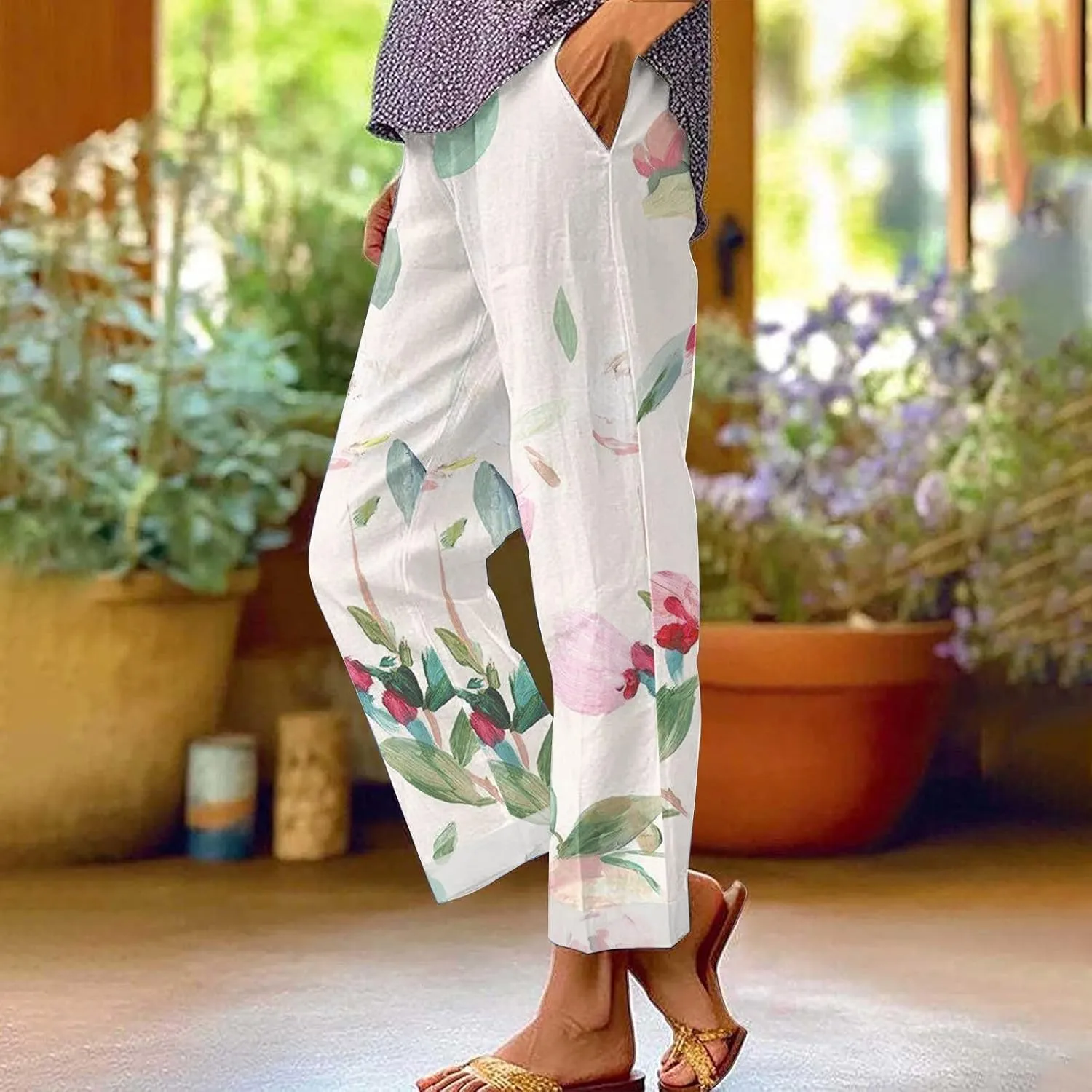 Palazzo Pants Women High Waist Wide Leg Printed Linen Pants Plus Size Summer Beach Trousers Flowy Comfy Lounge Pants