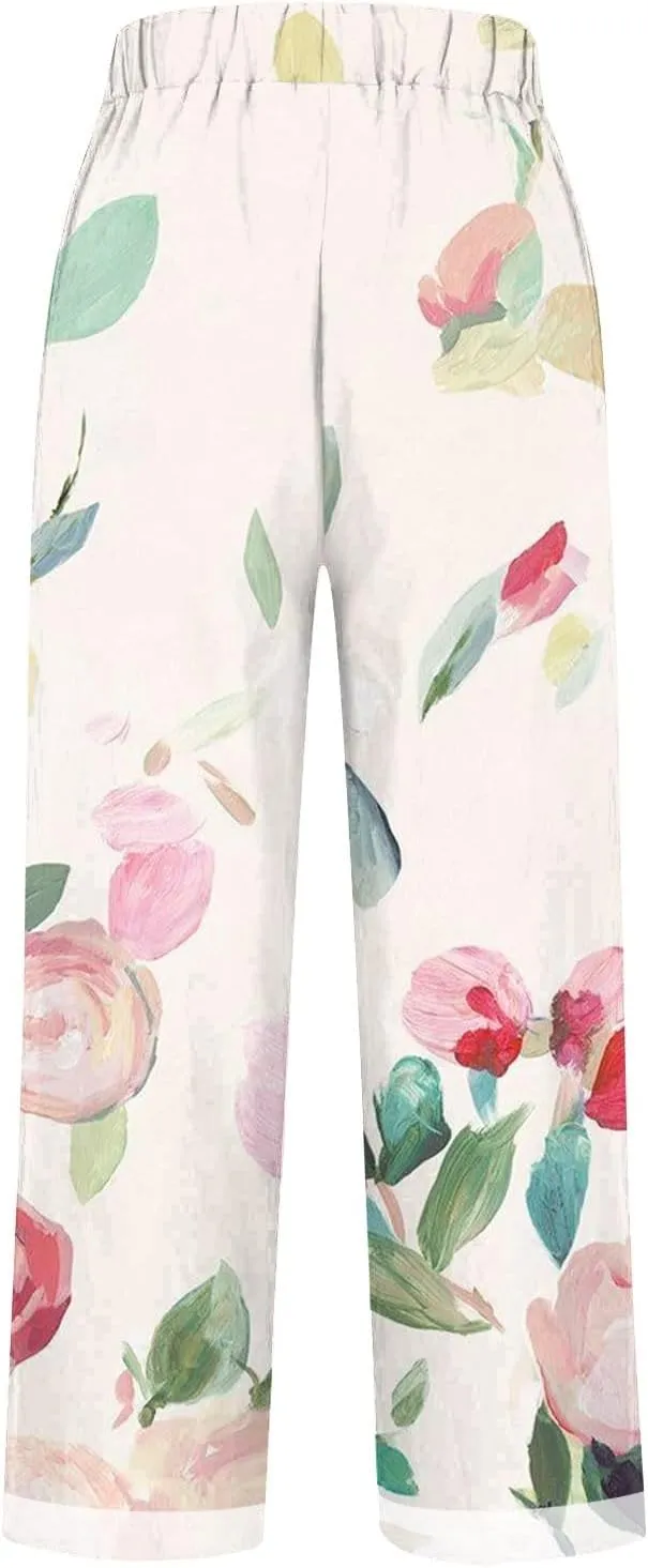 Palazzo Pants Women High Waist Wide Leg Printed Linen Pants Plus Size Summer Beach Trousers Flowy Comfy Lounge Pants