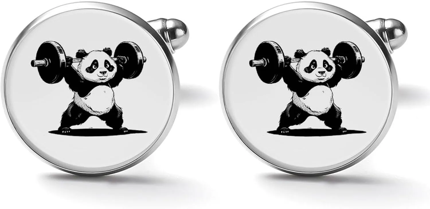 Panda Weightlifting Fitness Gym Men's Cuff Links Classy Stylish Shirt Cufflinks Accessories Gift for Father Husband