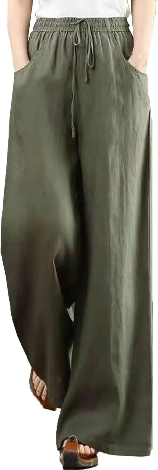 Pants for Women Casual Elastic Waist Drawstring Pants Straight Wide Leg High Waisted with Pockets Lightweight Trousers