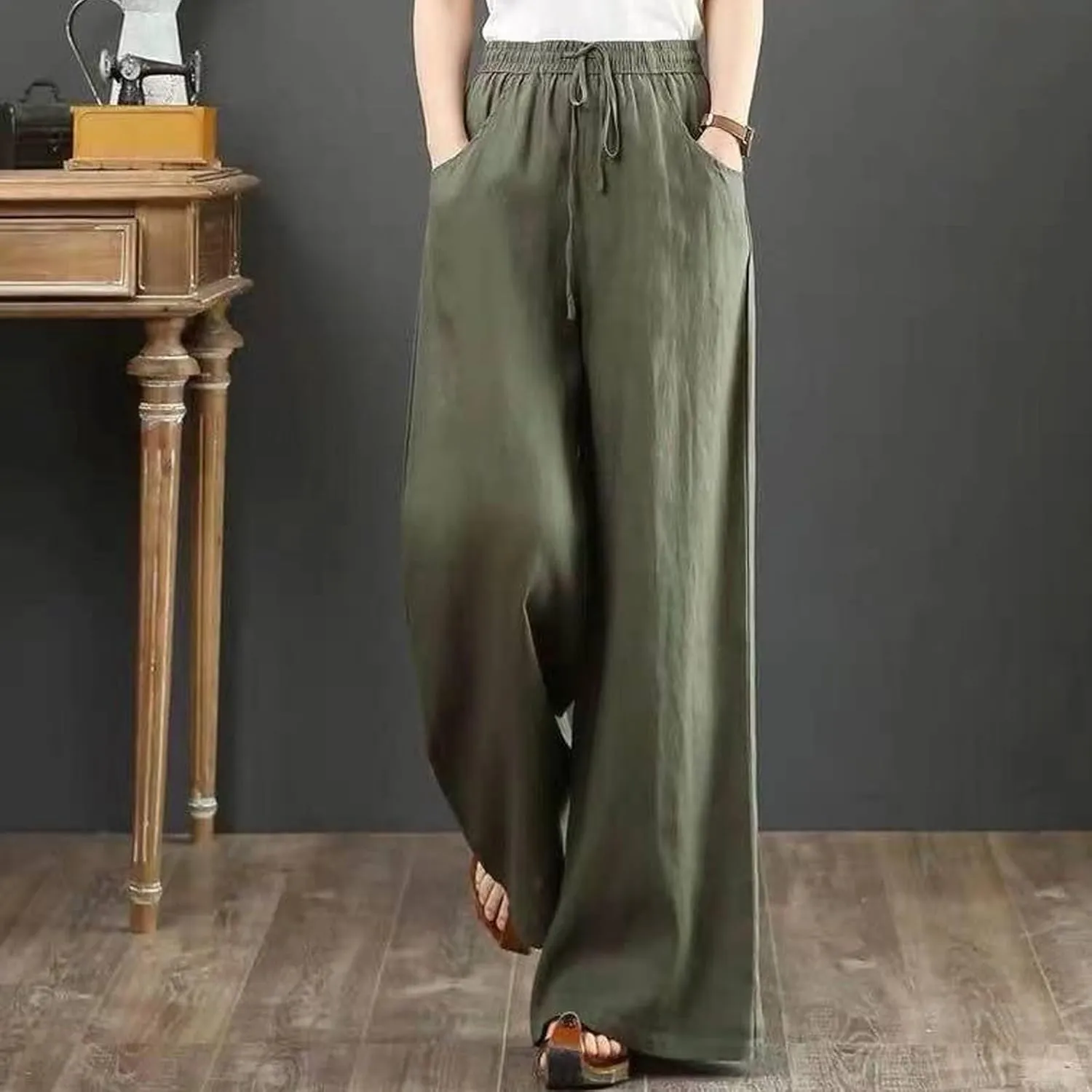 Pants for Women Casual Elastic Waist Drawstring Pants Straight Wide Leg High Waisted with Pockets Lightweight Trousers