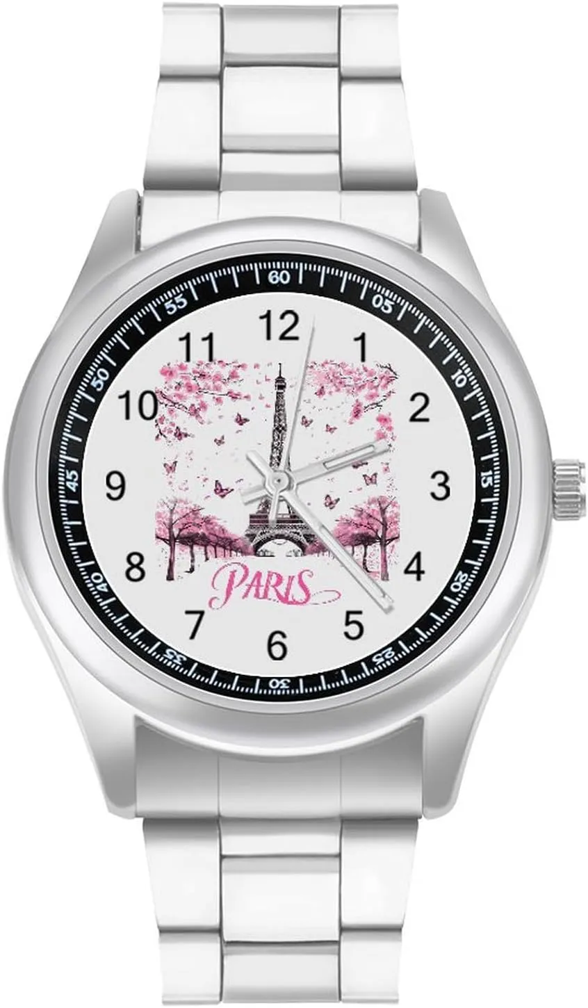 Paris France Eiffel Tower Watches Stainless Steel Band Wristwatch Business Dress Watch for Work Home
