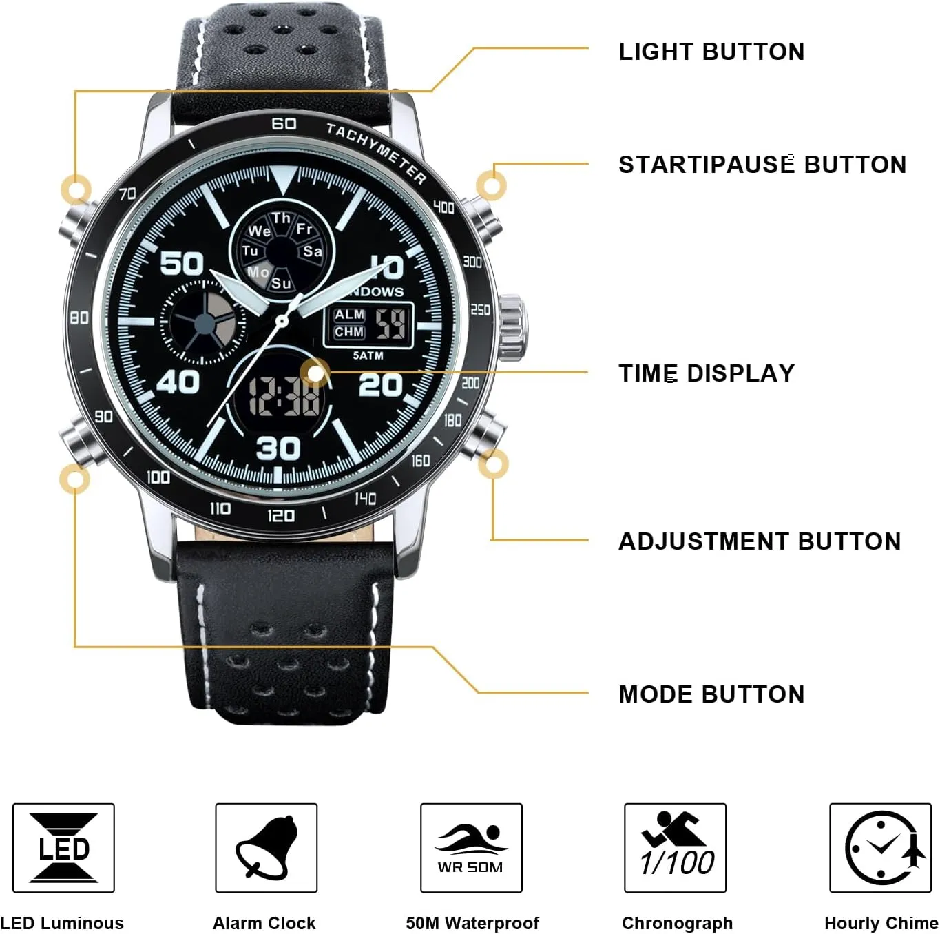 PINDOWS Mens Watches, Men's Military Digital Watches Analog Quartz Waterproof Watch Sport Tactical Multifunction Heavy Duty Outdoor Watches for Men