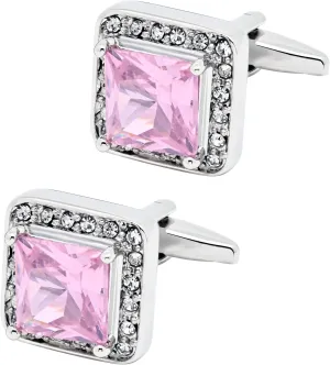 Pink Crystal Square Silver Cufflinks for Men Lady In Gift Case Classic Faceted Gemstone Men's Cufflinks Jewelry Set for Wedding Anniversary Business Party Events Tuxedo Dress