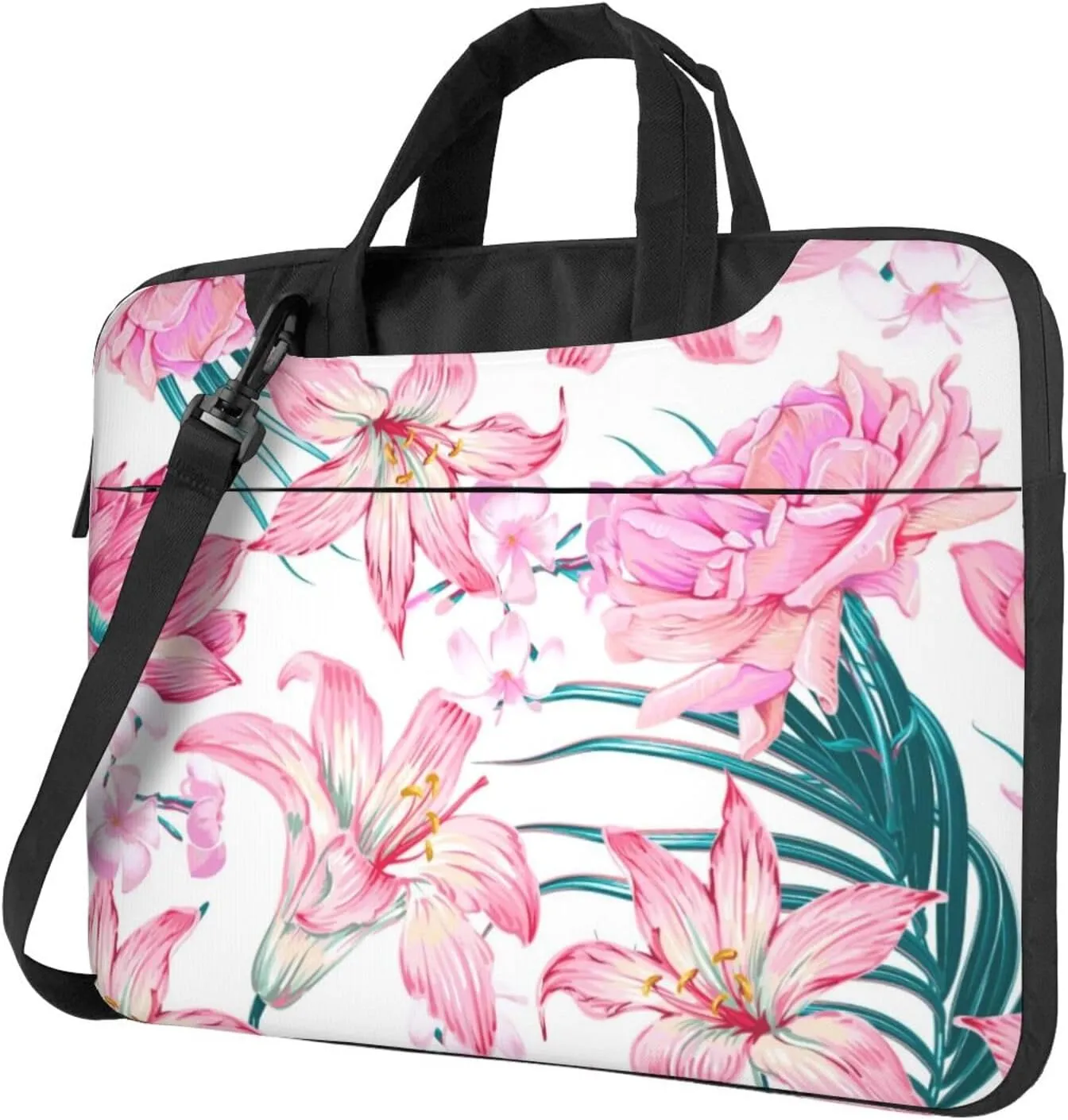Pink Flowers Lily Lotus Practical 13-15.6 Inch Laptop Bag For Man And Women, Computer Messenger Bag, Trendy Shoulder Strap Design