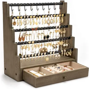 Pinzoveco Earring Organizer, 5 Layer Earring Holder Organizer with Necklace Holder Pole, Rustic Wood Jewelry Organizer Stand Display for Stud Earring Bracelet Necklace Ring, 175 Earring Holes