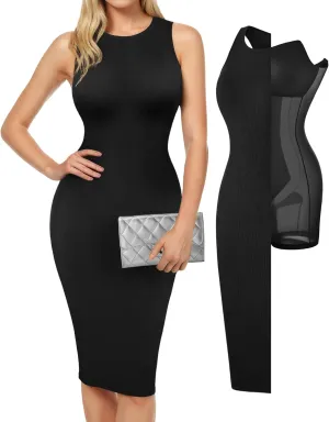 Popilush Midi Dresses for Women - Summer Bodycon Shapewear Sleeveless Crew Neck Dress Causal Party Club Outfits