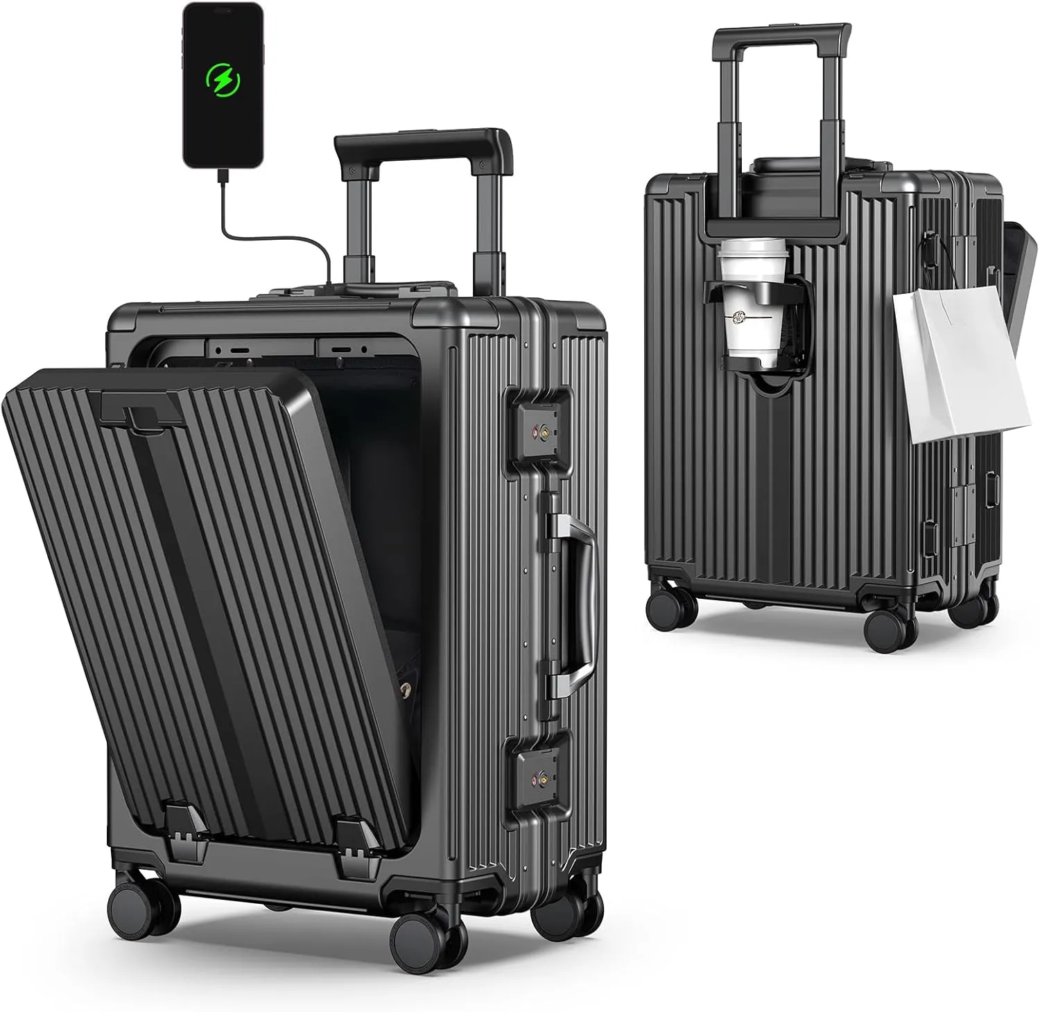 Portable Carry on Luggage Airline Approved, Expandable Luggage for Trips, Practical Suitcase with Front Pocket USB Port. (01-Black)