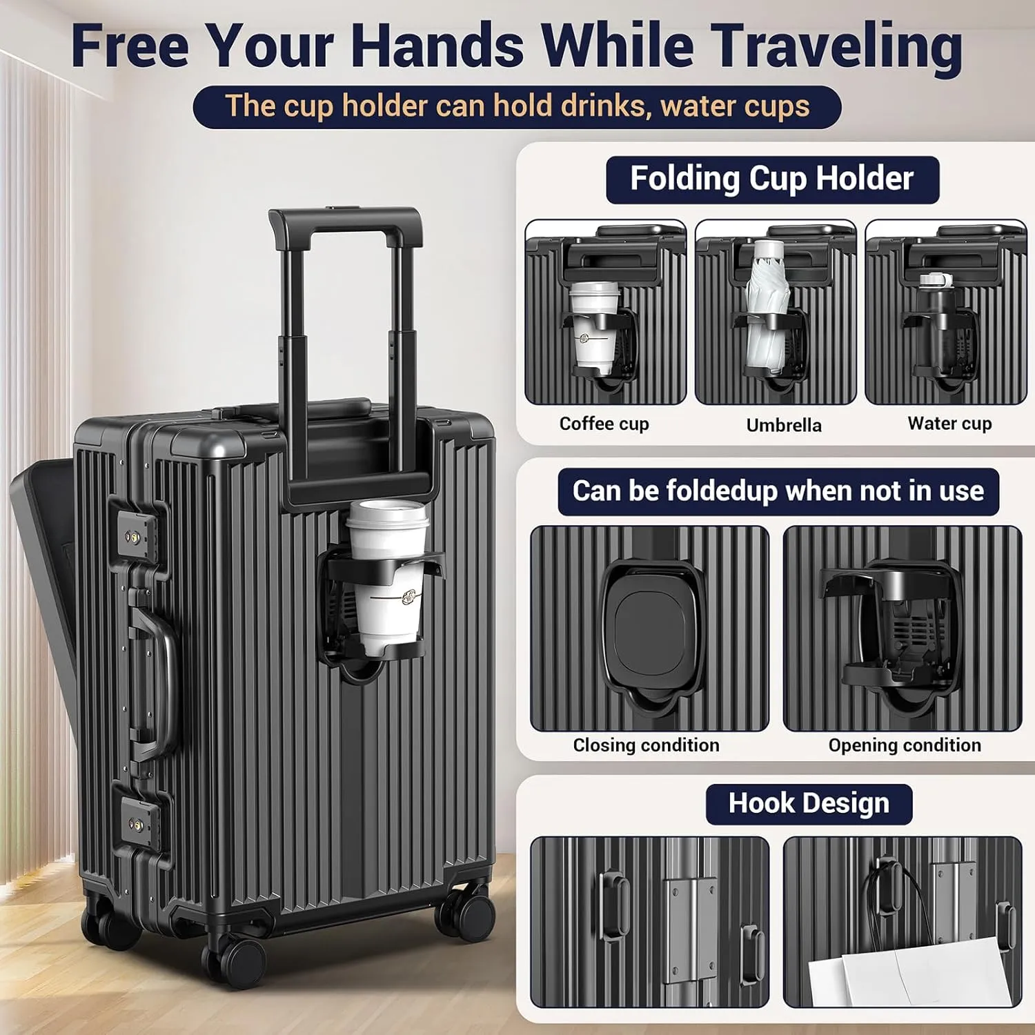 Portable Carry on Luggage Airline Approved, Expandable Luggage for Trips, Practical Suitcase with Front Pocket USB Port. (01-Black)