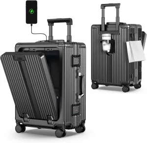 Portable Carry on Luggage Airline Approved, Expandable Luggage for Trips, Practical Suitcase with Front Pocket USB Port. (01-Black)