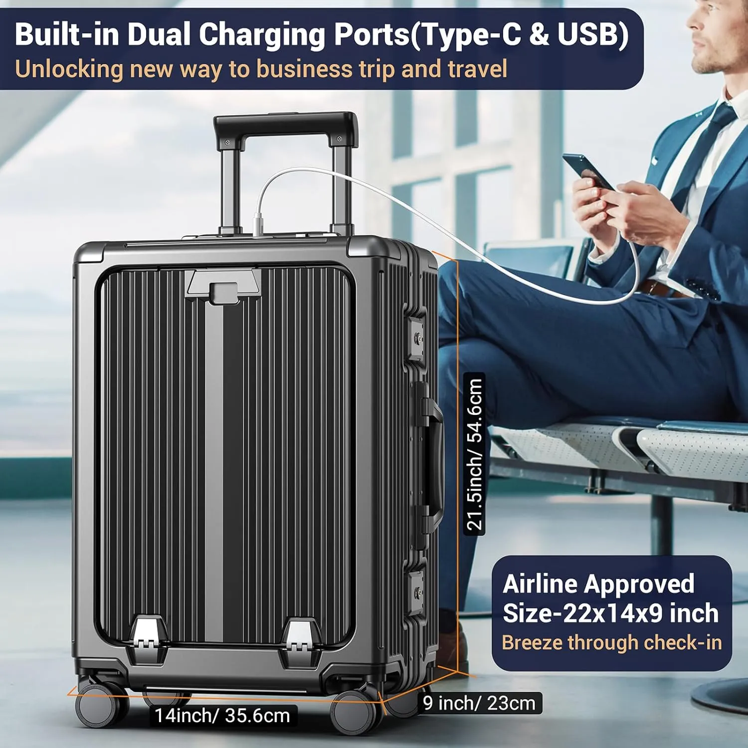 Portable Carry on Luggage Airline Approved, Expandable Luggage for Trips, Practical Suitcase with Front Pocket USB Port. (01-Black)