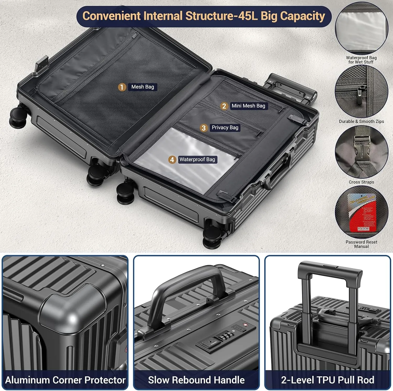 Portable Carry on Luggage Airline Approved, Expandable Luggage for Trips, Practical Suitcase with Front Pocket USB Port. (01-Black)