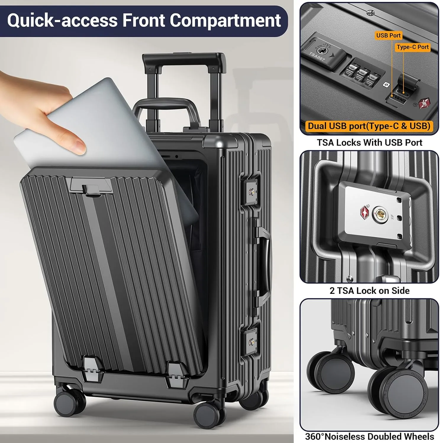 Portable Carry on Luggage Airline Approved, Expandable Luggage for Trips, Practical Suitcase with Front Pocket USB Port. (01-Black)