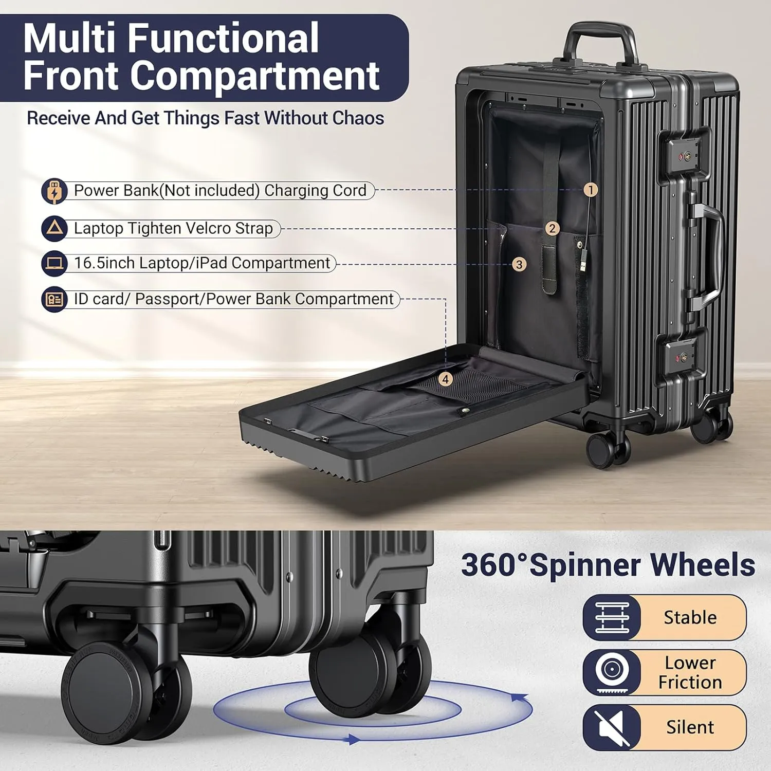 Portable Carry on Luggage Airline Approved, Expandable Luggage for Trips, Practical Suitcase with Front Pocket USB Port. (01-Black)