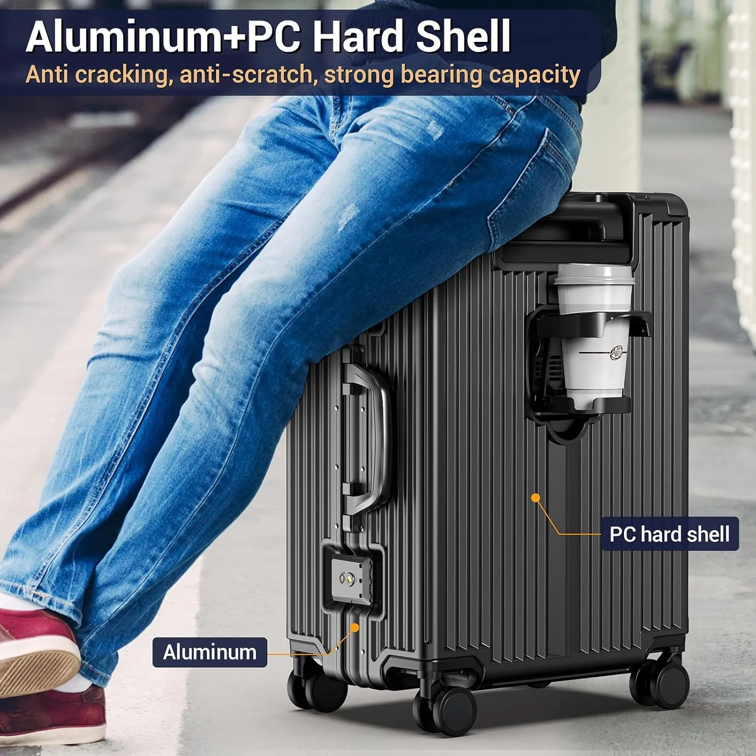 Portable Carry on Luggage Airline Approved, Expandable Luggage for Trips, Practical Suitcase with Front Pocket USB Port. (01-Black)