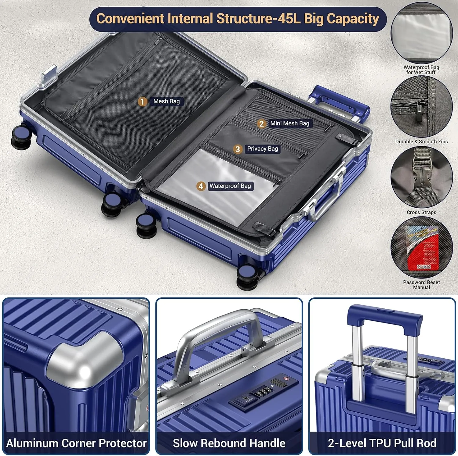 Portable Carry on Luggage Airline Approved, Expandable Luggage with Wheels for Trips, Practical Suitcase with Front Pocket  USB Port.(01-Blue)