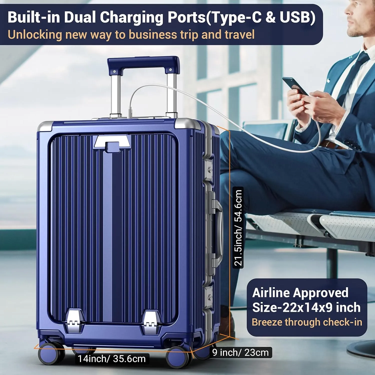 Portable Carry on Luggage Airline Approved, Expandable Luggage with Wheels for Trips, Practical Suitcase with Front Pocket  USB Port.(01-Blue)