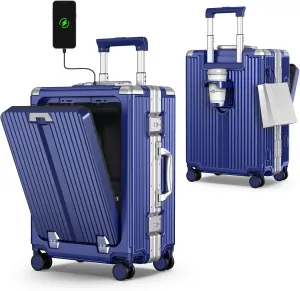 Portable Carry on Luggage Airline Approved, Expandable Luggage with Wheels for Trips, Practical Suitcase with Front Pocket  USB Port.(01-Blue)