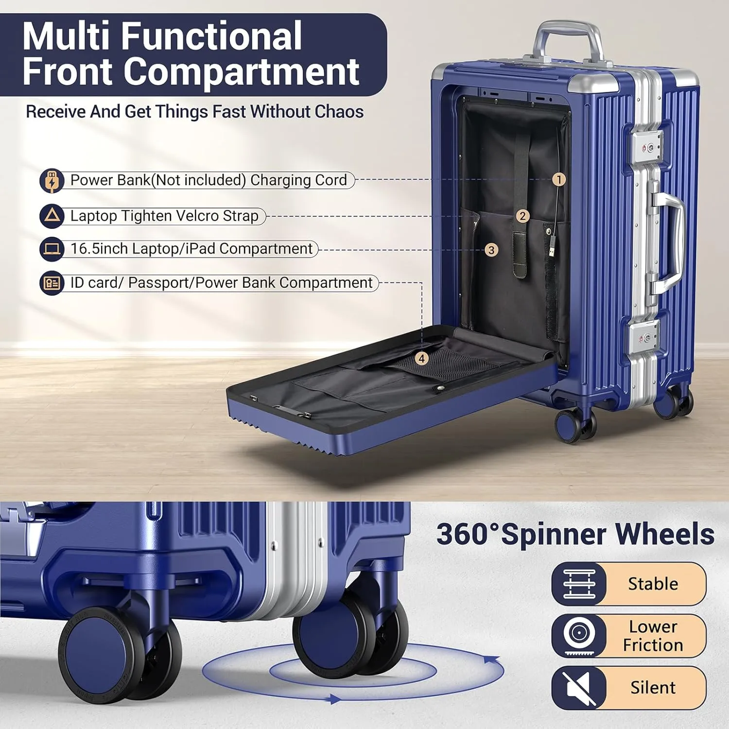 Portable Carry on Luggage Airline Approved, Expandable Luggage with Wheels for Trips, Practical Suitcase with Front Pocket  USB Port.(01-Blue)