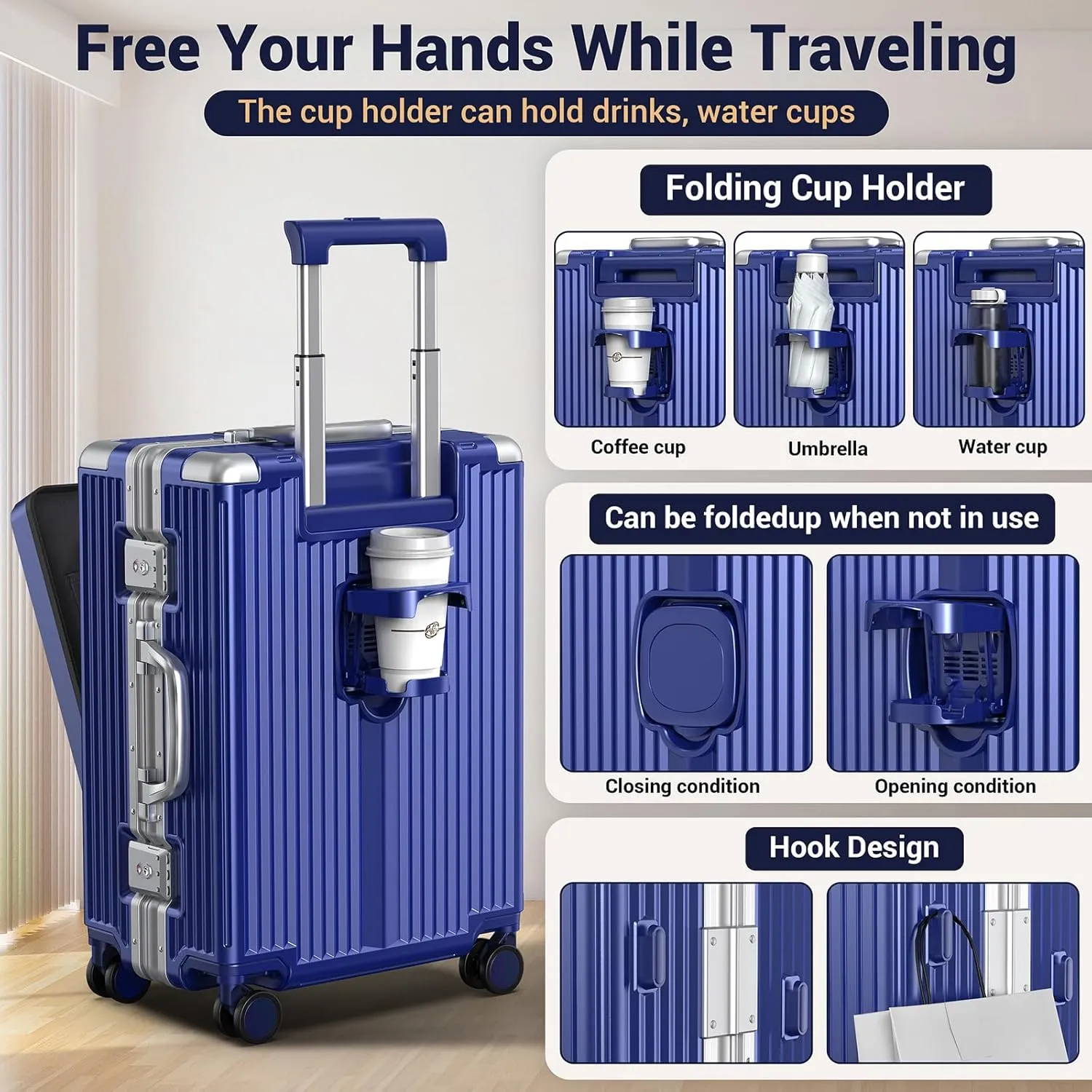 Portable Carry on Luggage Airline Approved, Expandable Luggage with Wheels for Trips, Practical Suitcase with Front Pocket  USB Port.(01-Blue)
