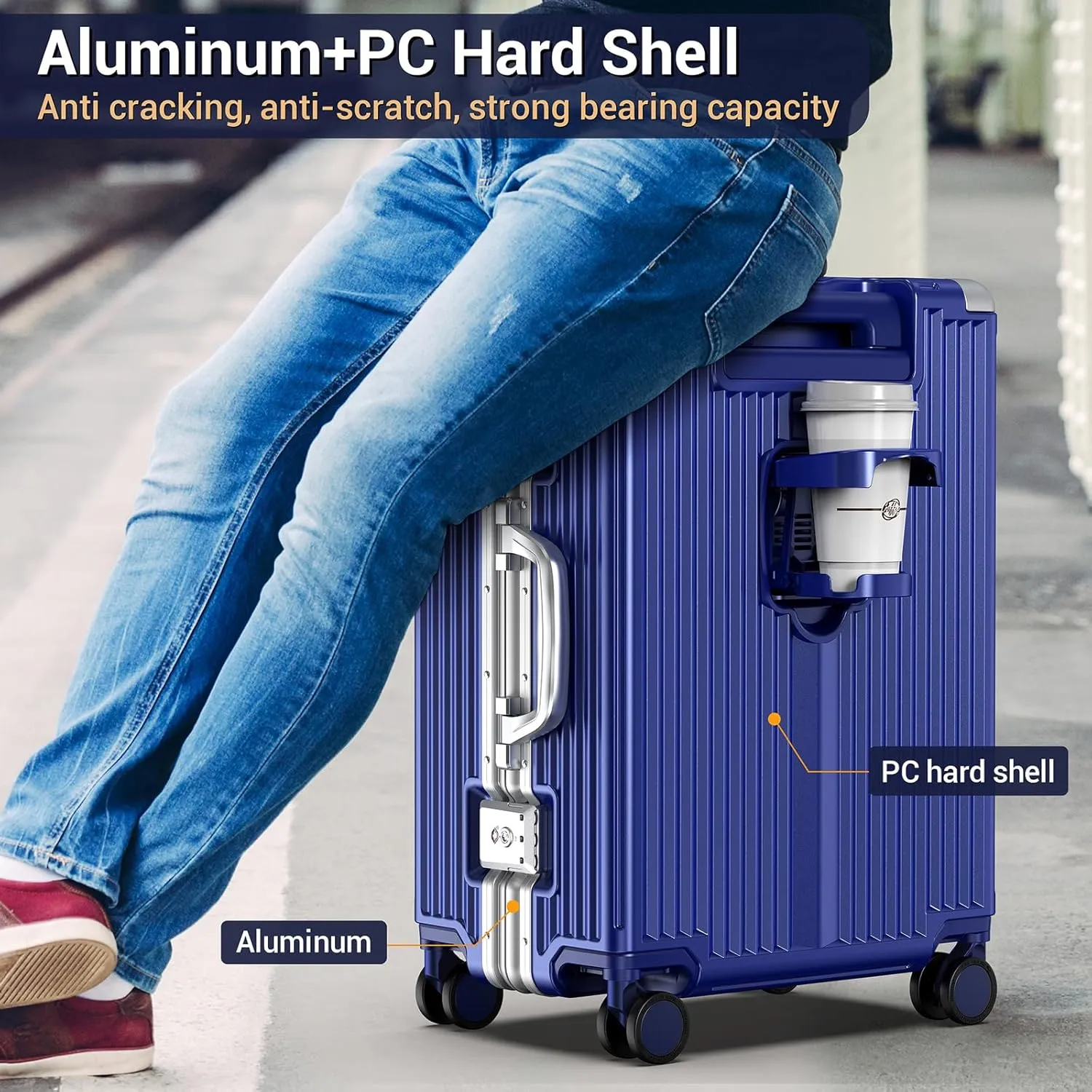 Portable Carry on Luggage Airline Approved, Expandable Luggage with Wheels for Trips, Practical Suitcase with Front Pocket  USB Port.(01-Blue)