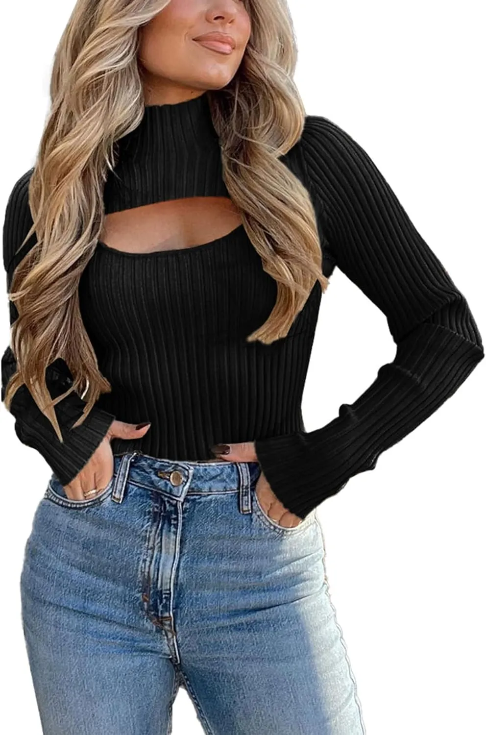 PRETTYGARDEN Women's 2025 Fashion Fall Clothes 2 Piece Cutout Tops Long Sleeve Mock Neck Rib Knit Winter Pullover Sweater