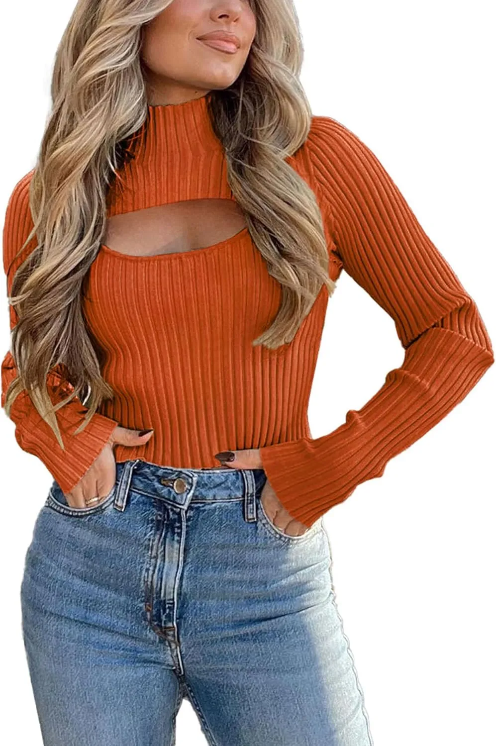 PRETTYGARDEN Women's 2025 Fashion Fall Clothes 2 Piece Cutout Tops Long Sleeve Mock Neck Rib Knit Winter Pullover Sweater